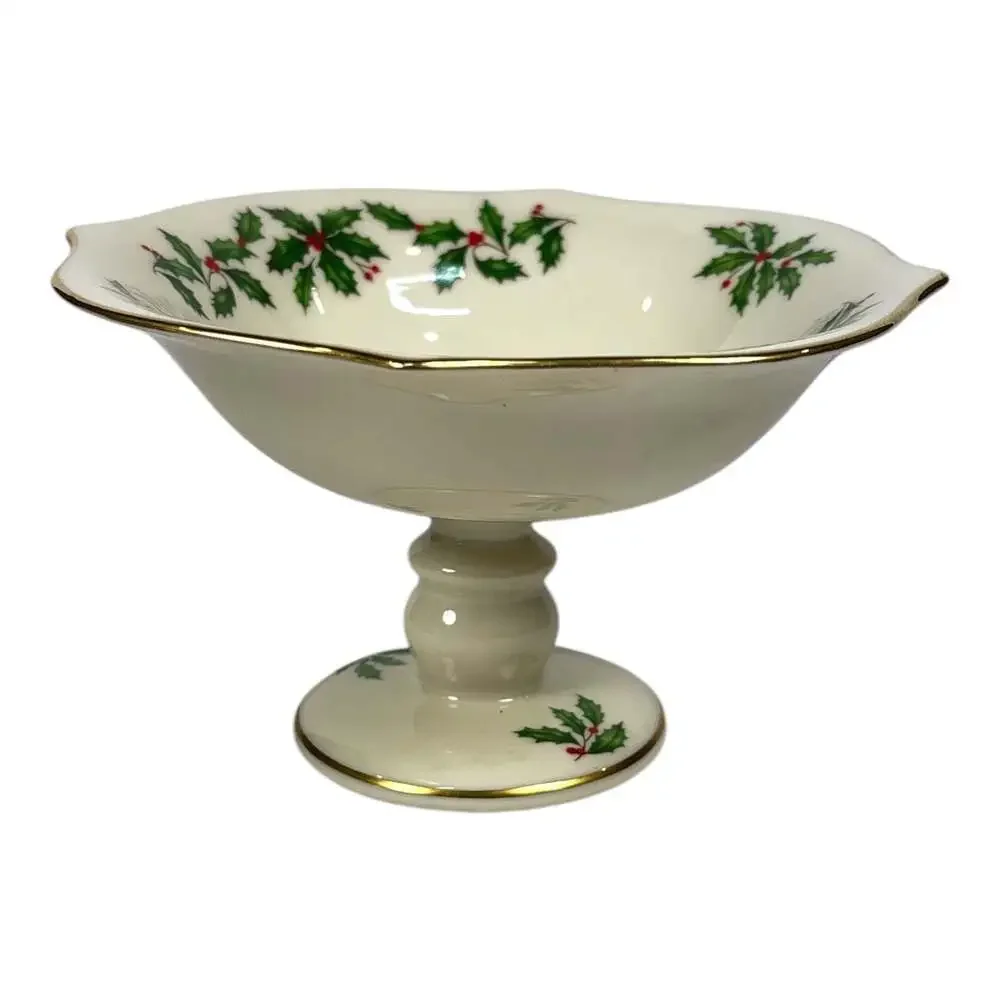 Lenox Holly & Berry Pedestal Holiday Compote Dish Christmas 24K Gold Vintage